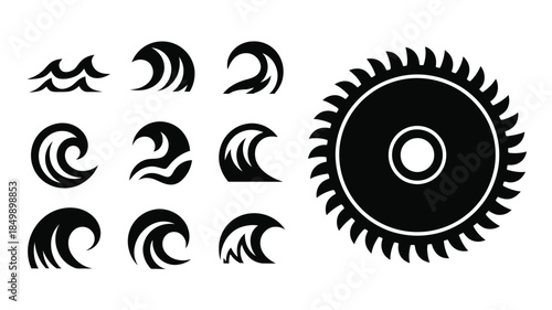 Set of black stylized wave icons and a prominent circular saw blade symbol on a white surface