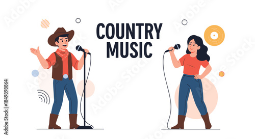 Male and female singers in cowboy hats and casual outfits performing country music on stage with microphones.