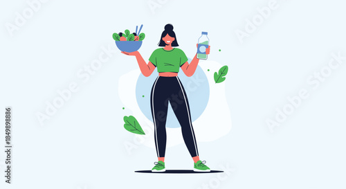 Healthy lifestyle concept with a fit, happy woman holding a large bowl of salad and a bottle of milk or yogurt.