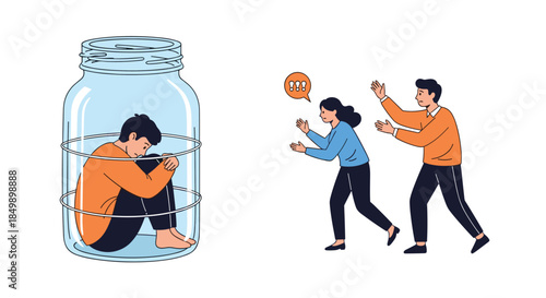 Concept of social anxiety or isolation, showing a sad man trapped inside a glass jar while people outside try to help.