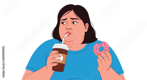 Overweight woman eating a doughnut with pink frosting and drinking a coffee or soda through a straw, showing unhealthy habits.