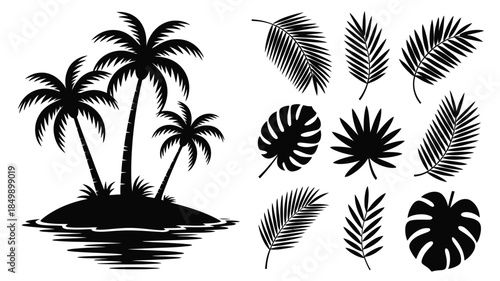 Silhouettes of palm trees on a tranquil tropical island surrounded by reflections and various leaves