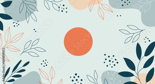Abstract botanical background with a minimalist design, featuring outlines of leaves, dots, and organic shapes in muted colors.