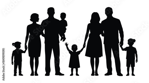 Silhouettes of diverse families with parents and young children standing on a clean white background