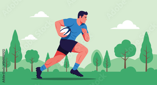 Strong and athletic man running with a rugby ball on a green field with trees in the background, playing a match.