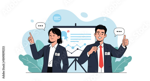 Male and female business speakers with microphones giving a presentation with a chart and graphs on a whiteboard behind them.