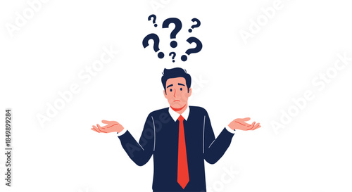 Confused businessman in a suit shrugging his shoulders with a cluster of question marks floating above his head.