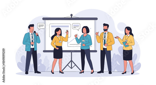 Business team of five diverse professionals giving a presentation or attending a conference in front of a projector screen.