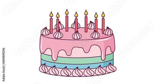 Colorful cartoon birthday cake with lit candles and decorative frosting for celebration or special