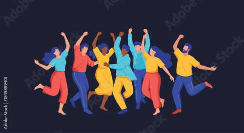 Flat vector illustration of a multicultural group of friends happily jumping and dancing with their arms raised in celebration against a dark background.