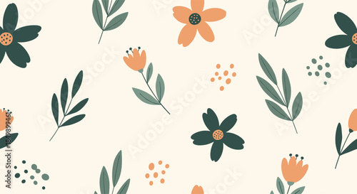 Seamless floral pattern with cute hand-drawn flowers and leaves in muted green and orange tones on a light cream background for textile design.