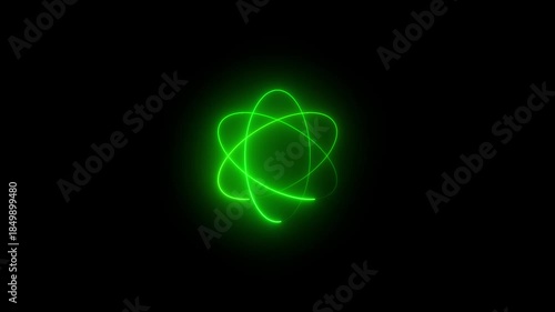 Neon shine atom icon animation on background.Glowing neon green Atom icon animation on black background. 4k video