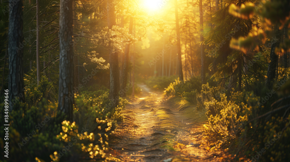 Obraz premium golden sunlight streaming through pine trees onto a peaceful forest path