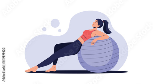 Young woman in sportswear doing relaxing stretching exercises by leaning back on a large purple fitness ball, promoting physical wellness.