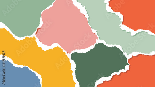 Textured torn paper pieces in a pastel color palette create an overlapping abstract background