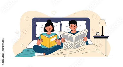 Happy young couple relaxing and reading together in bed, with the woman enjoying a book and the man reading a newspaper in a cozy bedroom scene.
