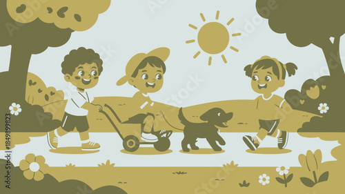 Three cartoon children are happily playing with a dog and wagon in a sepia toned park scene