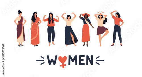 A diverse group of empowered women of different ethnicities standing together, celebrating feminism for International Women's Day concept.