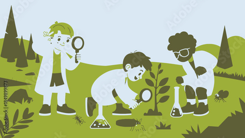 Three curious children exploring nature with magnifying glasses, examining plants and insects in the outdoors
