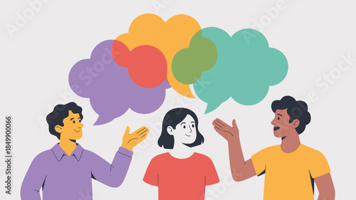 Three diverse people talking and gesturing with hands below colorful overlapping speech bubbles