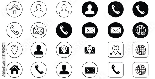 Collection of essential contact and navigation icons featuring home phone mail user location and globe symbols in various styles