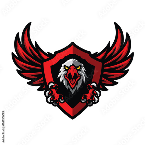 Dynamic and powerful red and black eagle logo with outstretched wings and piercing gaze on white background.