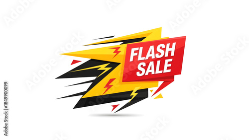 A dynamic red and yellow flash sale banner with lightning bolts and speed lines on a white background, indicating urgent promotions.