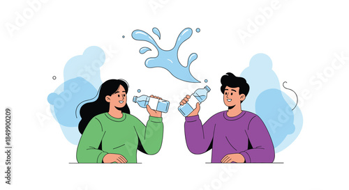 Happy young man and woman are drinking water from plastic bottles, promoting hydration and a healthy lifestyle with a refreshing water splash.