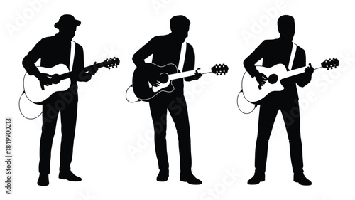 Three expressive male silhouettes perform live music while playing acoustic guitars with passion