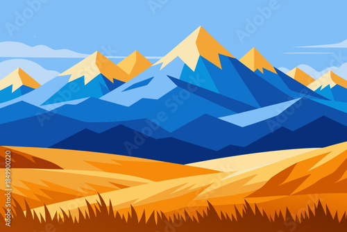 A stylized digital illustration of a majestic mountain range landscape scene