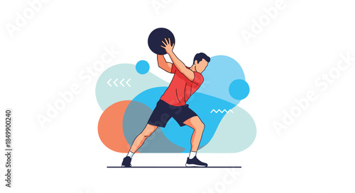 Athletic man doing a functional training workout with a medicine ball, performing a rotational throw to build core strength and power.
