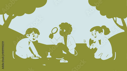 Three happy diverse children exploring the forest floor with magnifying glass, discovering small objects outdoors