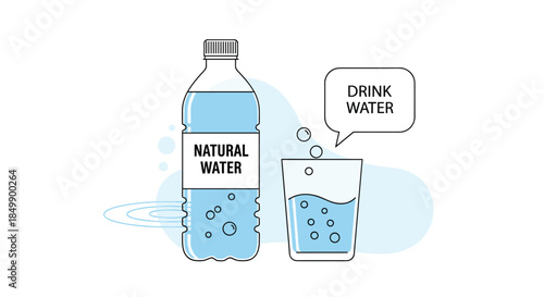 Drink water concept illustration with a plastic bottle of natural water, a full glass, and a speech bubble reminder to stay hydrated.
