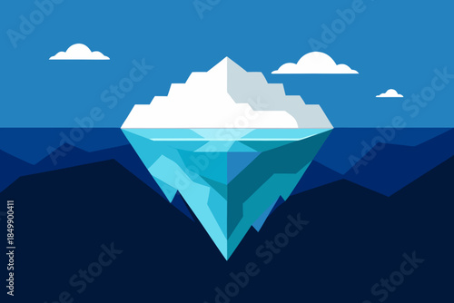 Graphic illustration of an iceberg in the ocean with clouds