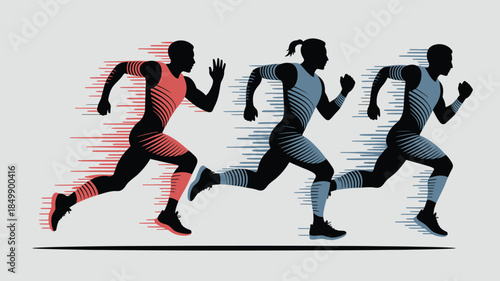Three silhouettes of diverse runners sprinting forward with dynamic speed and energy