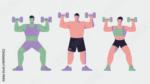 Three muscular cartoon men performing various dumbbell exercises with focus and determination