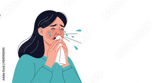 Sick woman with flu or cold symptoms, crying and sneezing into a tissue, illustrating allergies, illness, or a viral infection.