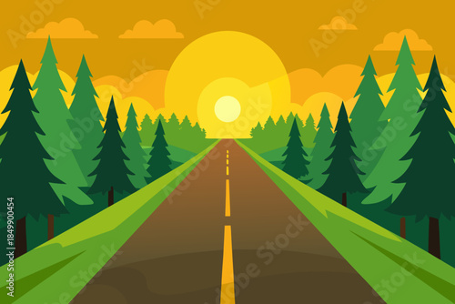 A serene forest road stretching into the sunset