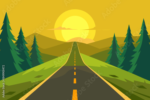 A scenic road leading to a sunset in a mountainous landscape