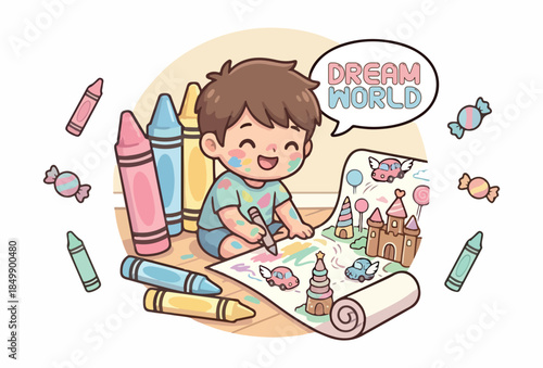 A cute kawaii sticker of a messy boy drawing a fantasy world with giant crayons and a 