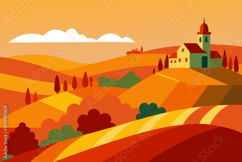 Rolling hills of tuscan countryside with a quaint village church