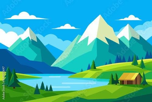 A serene mountain landscape with a lake and cabin