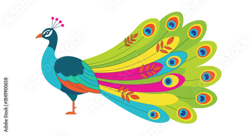 Colorful Peafowl Illustration with Vibrant Feathers and Artistic Design