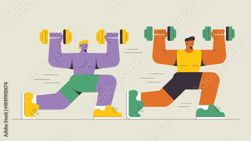 Two colorful cartoon men performing lunges with yellow and green dumbbells indoors