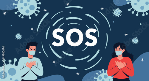 A scared man and woman in face masks with an SOS signal behind them, seeking help during the stressful coronavirus pandemic situation.
