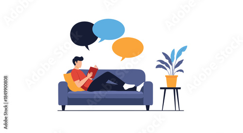 A young man is relaxing on a sofa and reading a book, with colorful speech bubbles above him representing imagination and thoughts.