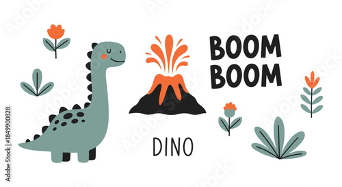 A cute kids' illustration set featuring a friendly green dinosaur, a volcano erupting with the text 'Boom Boom', and various plants.