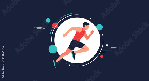 A dynamic illustration of a male runner in motion, captured inside a circular frame with abstract shapes, representing speed and energy.