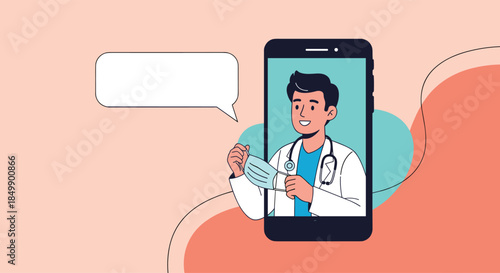 A friendly male doctor on a smartphone screen offering an online medical consultation, with a blank speech bubble for custom text.