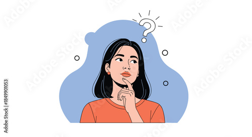 A thoughtful young woman with her hand on her chin, looking up at a question mark, representing curiosity, doubt, and problem-solving.